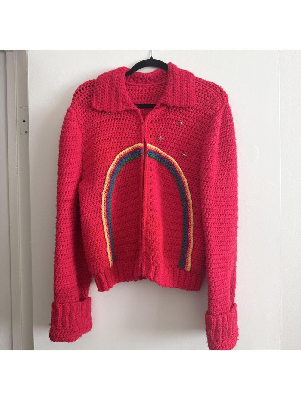 70s vintage cherry red rainbow 🌈 and sunshine ☀️ handmade cable knit cardigan